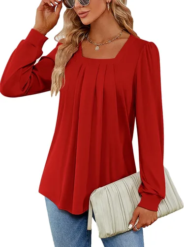 Miniatura 7 de Funlingo 2023 - Blusas de manga larga para mujer, estilo túnica, plisadas, con cuello cuadrado, estilo casual, holgadas