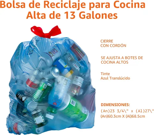 Miniatura 3 de Bolsas de basura Amazon Basics azules para reciclaje, sin olor, 13 galones, 60 unidades, paquete de 1