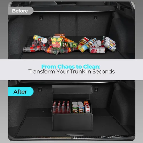 Miniatura 6 de Fyzeoty Organizadores de coche para maletero para SUV Sedán, caja de almacenamiento de cuero, tapa magnética, plegable y ajustable, 16.5 pulgadas