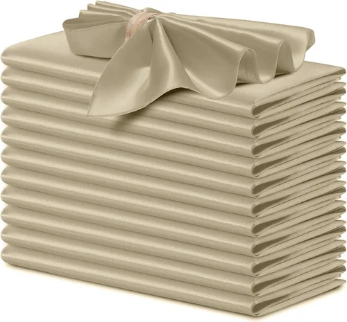 P Pothuiny 12 servilletas de satén de color beige sedoso de 17 x 17 pulgadas, servilletas cuadradas lisas de tela de satén, servilletas de mesa para