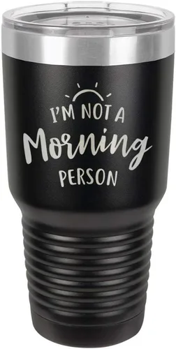 Vaso negro de 30 onzas con popote y tapa superior deslizante con texto en inglés "I'M NOT A MORNING PERSON", color negro