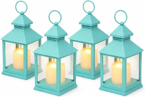 Juego de 4 faroles decorativos de color verde azulado con velas LED sin llama, temporizador de 4 horas, 9.38 pulgadas para interiores y exteriores,