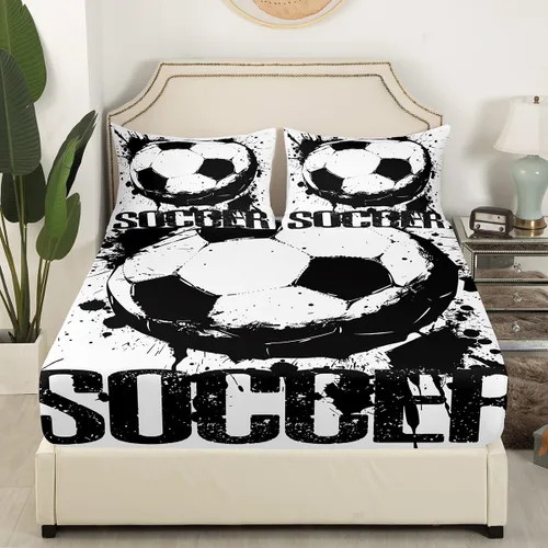 Miniatura 3 de Juego de ropa de cama de fútbol, tamaño individual, juego de pelota para niños, sábana bajera, pelota deportiva, color blanco y negro, ropa de cama