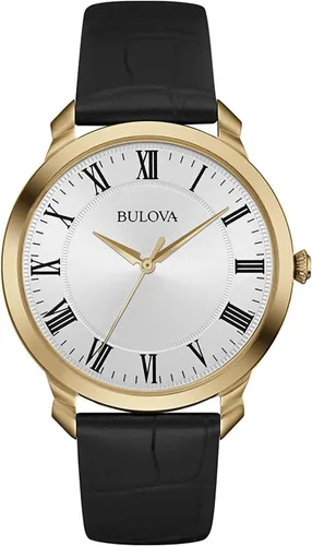 Bulova Reloj clásico de tres manecillas para hombre, de cuarzo, correa de cuero negro, marcadores de números romanos, 41mm