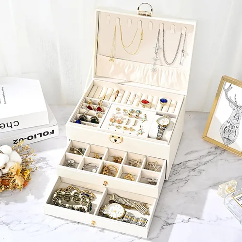 Miniatura 2 de Joyero para mujeres y niñas, organizador de joyas grande con cerradura de 3 niveles para collares, anillos, aretes, piel sintética (blanco)