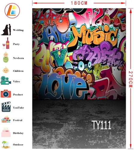 Miniatura 2 de LB Telón de fondo de graffiti hip hop para fotografía de los años 80 y 90 para decoración de fiestas de 3 x 5 pies, fondo de fotos de retrato