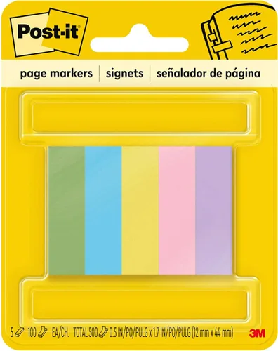 Post-it Page Markers, 12-inch x 1-34 Inch, Ideal for Temporary Marking and Noting In Books, Assorted Ultra Colors, 500 per Pack