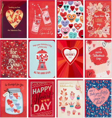 Hallmark Tarjetas del día de San Valentín (12 diseños únicos con sobres) para niños, pareja romántica, amigos, familia, cuidador