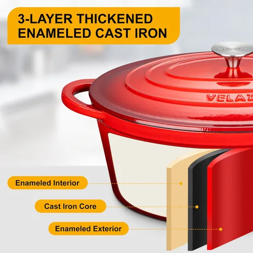Miniatura 3 de Velaze Olla de horno holandés ovalada esmaltada de 7.5 QT con tapa, horno holandés de hierro fundido con asas duales para hornear pan, cocinar, Rojo