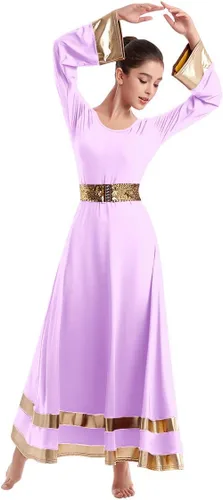 Miniatura 5 de IBAKOM Túnica de manga larga para mujer, vestido litúrgico de baile completo con cinturón de lentejuelas