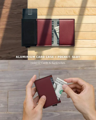 Miniatura 4 de VULKIT Tarjetero de crédito con bloqueo RFID, de cuero, automático, de aluminio, delgado, para tarjetas de visita