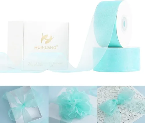HUIHUANG Cinta transparente de organza azul aguamarina de 1-1/2 pulgadas, cintas de organza transparente turquesa para envoltura de regalo, ramo