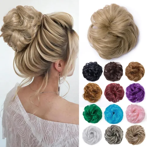 Miniatura 21 de Benehair Moño desordenado, pieza de pelo recogido para mujer, esponjoso, ondulado, moño con dona, moño sintético con banda elástica de goma