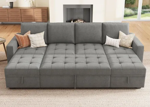 Miniatura 13 de HONBAY Sofá cama modular modular con cama extraíble, sofá en forma de L con asiento de almacenamiento, sofás seccionales para sala de estar, beige