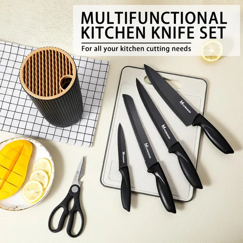 Miniatura 2 de Juego de 6 cuchillos de cocina negros con bloque, acero inoxidable antiadherente, cuchillos antioxidantes para cocinar, rebanar y hornear, perfecto