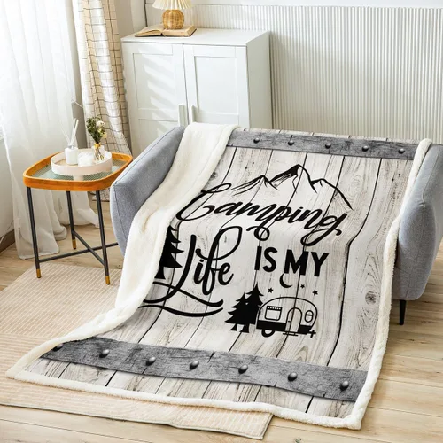 Manfei Manta de camping feliz para cámper, caravana, remolque, sofá, manta de cama de madera gris vintage para niños, niñas y adultos, manta de
