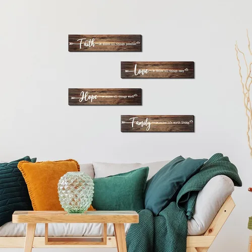 Miniatura 3 de 4 letreros de madera rústica con texto en inglés «Faith Love Hope», «Make All Things Possible», «Easy Work Living» para decoración de pared