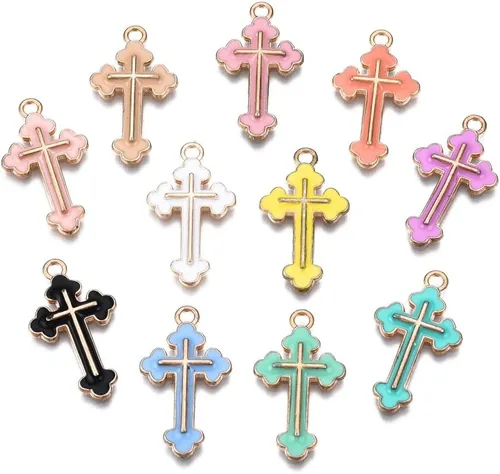 KitBeads 100 dijes de cruz esmaltada al azar de aleación de Jesús cristiano de colores mezclados para hacer joyas, pulseras y collares