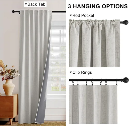 Miniatura 3 de PONY DANCE Cortinas de lino 100% opacas de 63 pulgadas de largo para dormitorio, sala de estar, oscurecimiento completo, bolsillo para barra