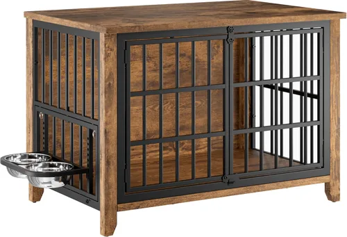 Miniatura 11 de Lulive Mueble de jaula para perros, jaula de madera para perros de interior con cuencos ajustables de 360° y altura, muebles de doble puerta