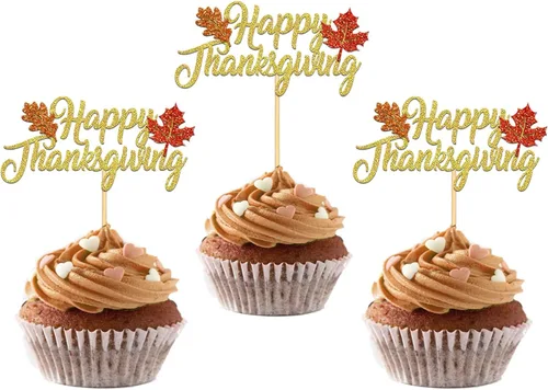Miniatura 9 de 24 adornos de otoño para cupcakes para decoración del día de Acción de Gracias, lazo con purpurina para pasteles Thankful Blessed Grateful