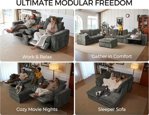 Miniatura 5 de Sofá modular de gran tamaño con sillón reclinable de doble potencia, sofá reclinable en nube con reposacabezas, cajón de almacenamiento, portavasos