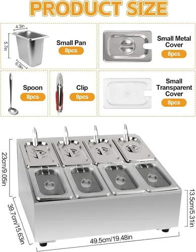 Miniatura 2 de Kalolary Estación de Almacenamiento para 8 Bandejas de Pizza con Tapas, Contenedores de Acero Inoxidable para Condimentos con Cucharas, Juego