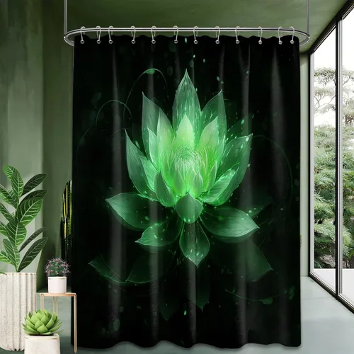 Miniatura 45 de Cortina de ducha con flores de loto negro y azul para decoración de baño, juego de cortinas decorativas de baño con estampado floral, tela