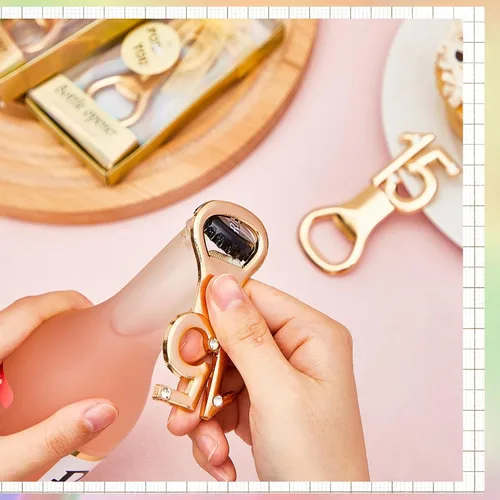Miniatura 5 de Suclain 36 piezas de recuerdos de fiesta de quinceañera, regalos de fiesta de cumpleaños de 15 años, abrebotellas doradas con caja de regalo