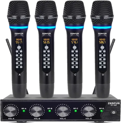 Miniatura 10 de Sistema de Micrófono Inalámbrico Recargable de 4 Canales, Micrófono de Mano de Metal UHF Profesional con Auriculares y Micrófono de Solapa Lavalier