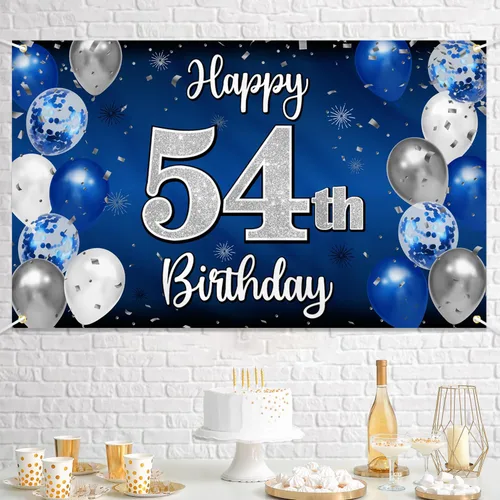 Miniatura 229 de Decoración de feliz cumpleaños 35, globo azul y plateado de 35 años, cartel grande de telón de fondo de cumpleaños, suministros para fiesta de 35th