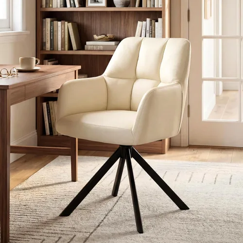 EALSON Cómoda silla de escritorio de cuero, moderna silla de trabajo para computadora, sin ruedas, silla giratoria con brazo de respaldo medio para