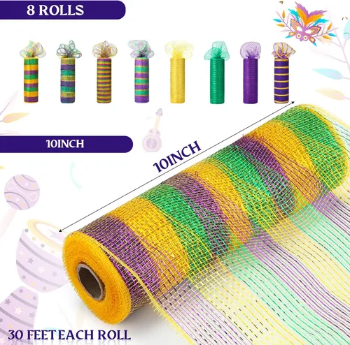 Miniatura 2 de Newwiee 8 rollos de cinta de malla para coronas Mardi Gras de 10 pulgadas x 30 pies cada rollo, decoración de malla Mardi Gras, cinta de malla