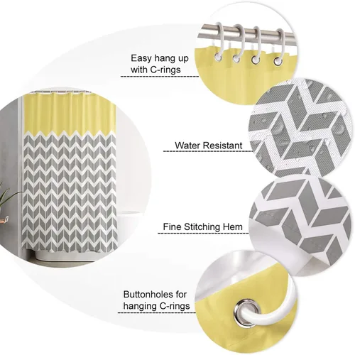 Miniatura 5 de Cortina de ducha, diseño de rayas onduladas, patrón geométrico, gris, amarillo, repelente al agua, tela de poliéster, cortinas de baño con ganchos