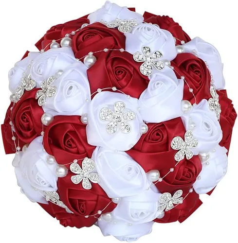 Miniatura 18 de Sharebeauty Ramo de novia de satén hecho a mano de 5.9 pulgadas, ramo de boda, ramo de flores artificiales, color azul claro + blanco W224