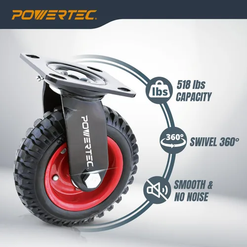 Miniatura 3 de POWERTEC Ruedas giratorias de 8 pulgadas, ruedas giratorias resistentes con banda de rodadura de goma para banco de trabajo, carrito, carro, carro