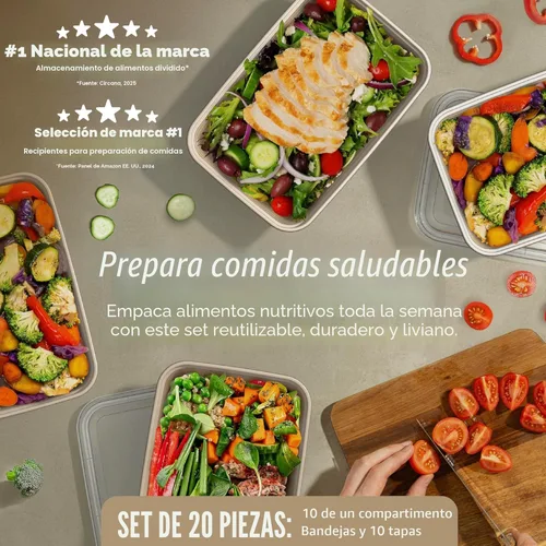 Miniatura 2 de Bentgo Prep - 20 piezas de contenedores reutilizables para preparación de comidas con 1 compartimento y tapas, materiales libres de PFAS y BPA