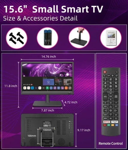 Miniatura 8 de Feihe Televisión inteligente pequeña de 15.6 pulgadas HD 1080P LED, televisión inteligente de pantalla plana con sintonizador ATSC/HDMI/USB/AV
