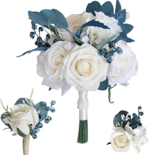 MOJUN Juego de ramo de dama de honor, ramillete de muñeca, para novio, flores de boda de rosas artificiales para ceremonia de boda, aniversario,