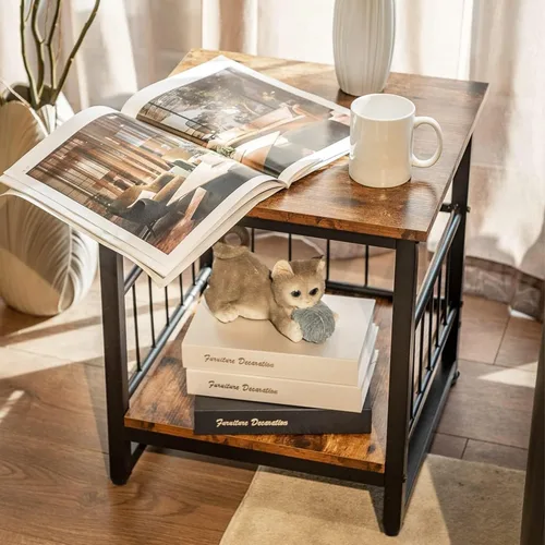 Miniatura 2 de Mesa auxiliar, mesa lateral industrial con estante de almacenamiento de 2 niveles, mini refrigerador de 180LBS con pies ajustables, 45.72cmx45.72cm