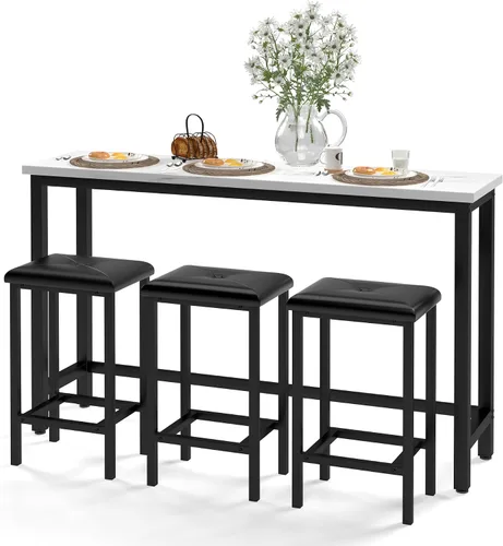 Juego de mesa de bar para 3, juego de mesa de mármol sintético de 60.2 pulgadas detrás del sofá, moderna mesa de sofá con 3 taburetes tapizados de