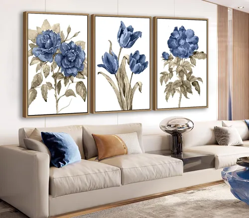 Miniatura 12 de Arte de Pared Enmarcado Rústico Grande - Cuadros de Lienzo Negro con Ramas de Flores Marrones con Marco Flotante Natural, Decoración Retro de Hojas