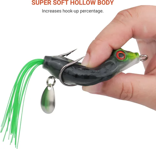 Miniatura 2 de RUNCL Topwater - Señuelos de rana – 5 piezas de cebos de silicona duraderos y realistas para agua dulce y salada, señuelos flotantes realistas