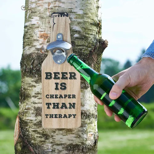 Miniatura 2 de Americana Beer Is Cheap Than Therapy, placa de pared para abrebotellas, estilo silo, madera de panel plano, metal, 11 3/4 pulgadas de alto, colgador