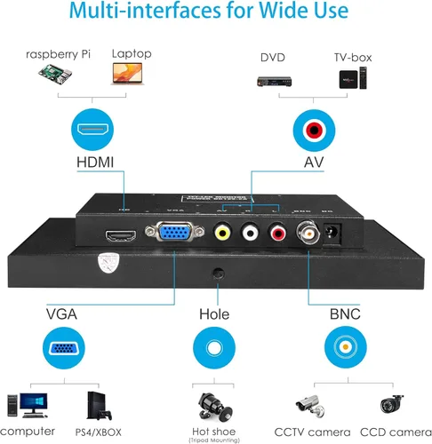 Miniatura 4 de Mini monitor de seguridad de 8 pulgadas, pantalla de metal portátil de 1280 x 720, entrada HDMI/VGA/AV/BNC, altavoces integrados y control remoto