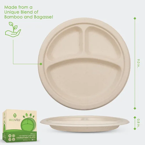 Miniatura 2 de Ecovita Platos de papel 100 % compostables [9 pulgadas] Compartimentos – 150 platos desechables ecológicos, resistentes, libres de árboles, líquidos
