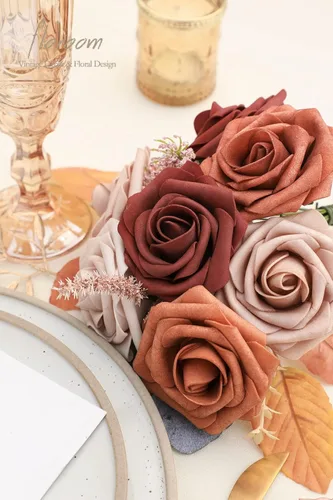 Miniatura 5 de Floroom Flores artificiales, 25 piezas de rosas falsas de espuma de color terracota de aspecto real con tallos para ramos de boda, despedidas