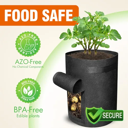 Miniatura 5 de Gardzen Paquete de 6 bolsas de cultivo de verduras sin BPA de 10 galones con solapa de acceso y asas, adecuadas para plantar papas, taro