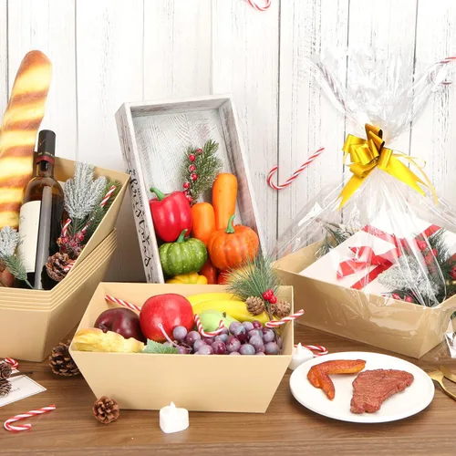 Miniatura 2 de AFOROEOA Paquete de 10 cestas vacías para regalos, cesta de regalo de papel kraft de 10 x 12 pulgadas de grosor con 10 lazos, 10 bolsas vacías