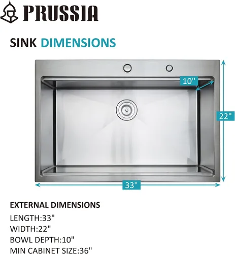 Miniatura 3 de PRUSSIA Fregadero de cocina de 33 pulgadas, 33 x 22 x 10 pulgadas, fregadero de acero inoxidable 304 calibre 16 de un solo tazón Fregadero Topmount